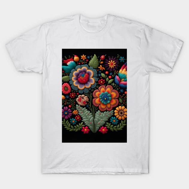 Botanical vintage Ethnic embroidery Floral design 4 T-Shirt by redwitchart